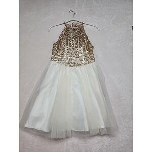 Masquerade Formal Halter Top Gold Sequin Dress Homecoming Prom Size 3/4 Knee